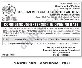 Newspaper clipping: PMD Corrigendum: Extension of Tender Opening Date for Repair of Office Buildings, The Express Tribune, 08 Oct 2026