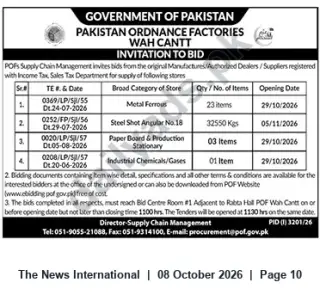 Newspaper clipping: POF Wah Cantt Invitation to Bid — Multiple Supply Tenders Oct–Nov 2026, The News International, 08 Oct 2026