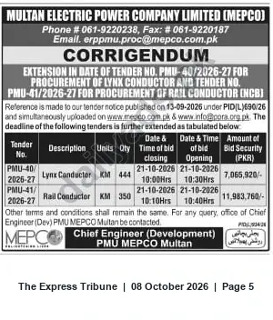 Newspaper clipping: MEPCO Corrigendum: Tender Deadlines Extended to 2026-10-21 for Lynx & Rail Conductors, The Express Tribune, 08 Oct 2026