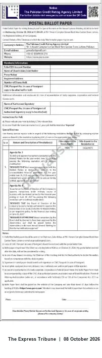 Newspaper clipping: Postal Ballot Paper — The Pakistan Credit Rating Agency Limited (AGM 2024-10-30), The Express Tribune, 08 Oct 2026