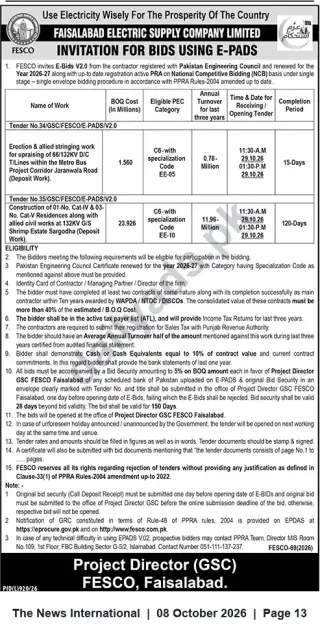 Newspaper clipping: FESCO Faisalabad Invitation for E‑Bids for Two Deposit Works — Deadline 2026-10-29, The News International, 08 Oct 2026