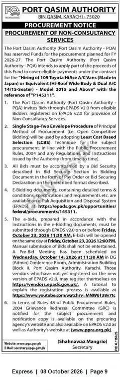 Newspaper clipping: Port Qasim Authority Tender: Hiring of 109 Toyota HiAce A/C Vans (Ref P/145311), Express, 08 Oct 2026