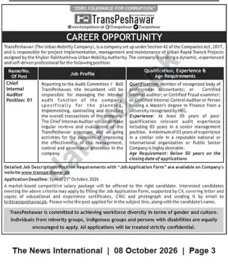 Newspaper clipping: TransPeshawar Careers: Chief Internal Auditor (1) — Apply by 2026-10-23, The News International, 08 Oct 2026