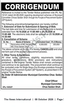 Newspaper clipping: Corrigendum: Tender Extension and Cancellation — Municipal Committee Choa Saidan Shah, The News International, 08 Oct 2026