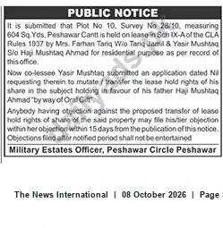 Newspaper clipping: Notice: Proposed Transfer of Leasehold Rights — Plot No.10, Survey No.28/10, Peshawar Cantt, The News International, 08 Oct 2026