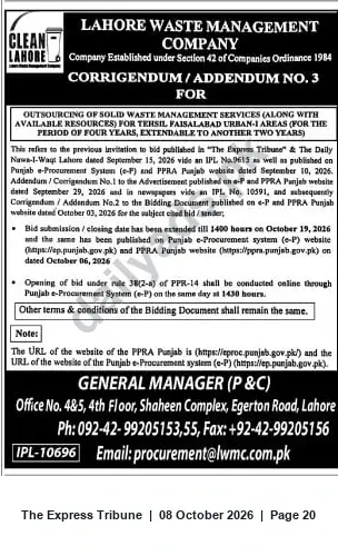 Newspaper clipping: Corrigendum: Outsourcing Solid Waste Management Services for Tehsil Faisalabad Urban‑I, The Express Tribune, 08 Oct 2026