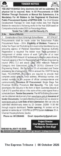 Newspaper clipping: Tender: Construction of Govt Girls High School Bakker — Chief Minister Development Package for Dera Bugti, The Express Tribune, 08 Oct 2026