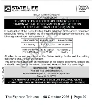 Newspaper clipping: State Life Corrigendum: Tender for Renting Plot for Fuel Station (BOT) — Amendment to Bid Security and Pre‑Bid Time, The Express Tribune, 08 Oct 2026