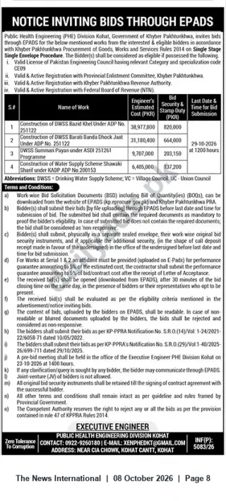 Newspaper clipping: PHE Division Kohat Invites Bids via ePADS for DWSS / Water Supply Schemes, The News International, 08 Oct 2026