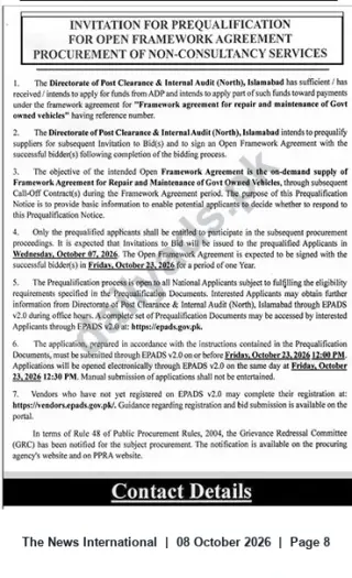 Newspaper clipping: Prequalification Notice: Framework Agreement for Repair & Maintenance of Government Vehicles — Directorate of Post Clearance & Internal Audit (North), Islamabad, The News International, 08 Oct 2026