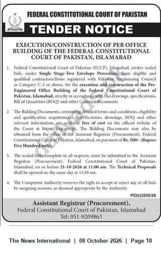 Newspaper clipping: Tender: Construction of Pre‑Engineered Office Building for Federal Constitutional Court, Islamabad, The News International, 08 Oct 2026