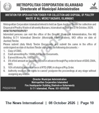Newspaper clipping: Open Auction/Tender for Collection & Disposal of Poultry Waste — Metropolitan Corporation Islamabad (26–27 Oct 2026), The News International, 08 Oct 2026