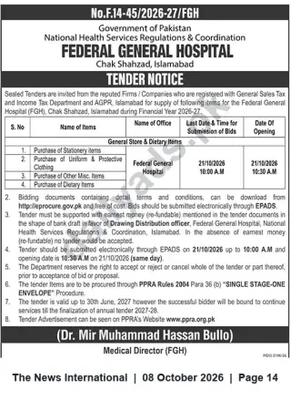 Newspaper clipping: Federal General Hospital Islamabad Tender — Supply of General Store & Dietary Items (No. F.14-45/2026-27/FGH), The News International, 08 Oct 2026