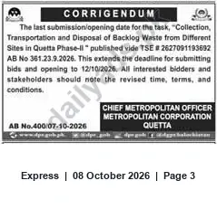 Newspaper clipping: Corrigendum: Deadline Extended for Collection, Transportation and Disposal of Backlog Waste — Quetta Phase-II, Express, 08 Oct 2026