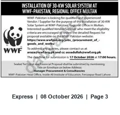 Newspaper clipping: WWF Pakistan Tender: Installation of 30 kW Solar System at Regional Office Multan, Express, 08 Oct 2026