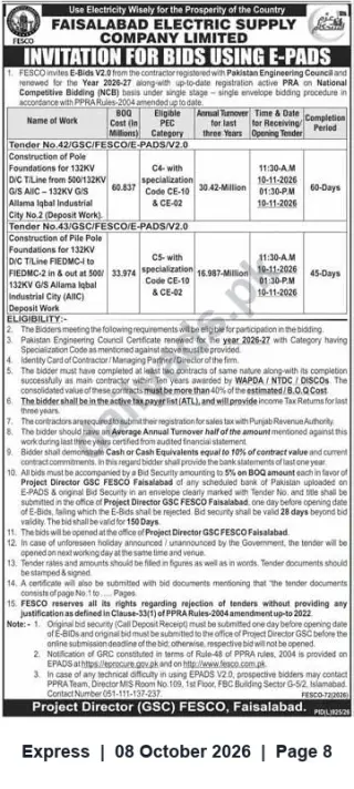 Newspaper clipping: FESCO Tender: Construction of 132 kV Line Pole Foundations — Tender Nos. 42 & 43, Express, 08 Oct 2026
