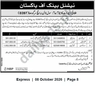 Newspaper clipping: National Bank of Pakistan, Sargodha Branch — Public Auction Notice for Mortgaged Properties, Express, 08 Oct 2026