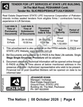 Newspaper clipping: State Life Peshawar Tender: Lift Services for State Life Building, 34-The Mall Road, The Nation, 08 Oct 2026