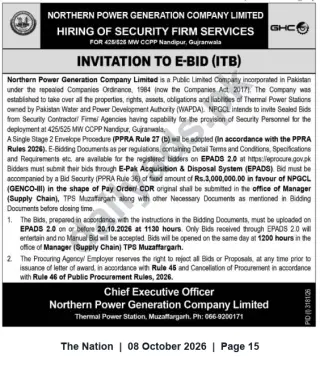 Newspaper clipping: NPGCL Invitation to E‑Bid for Security Firm Services — 425/625 MW CCPP Nandipur, Gujranwala, The Nation, 08 Oct 2026