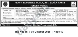 Newspaper clipping: HIT Taxila Tender Notice — Procurement & Development Contracts, Oct 2026, The Nation, 08 Oct 2026