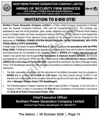 Newspaper clipping: NPGCL Invites E‑Bids for Security Firm Services at Thermal Power Stations (Muzaffargarh, Piranghaib, Faisalabad, Shahdara), The Nation, 08 Oct 2026