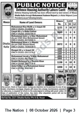 Newspaper clipping: DHA Lahore Cantt Public Notice: Land Offered in Mouza Dhalla Kulla — Objections Invited, The Nation, 08 Oct 2026