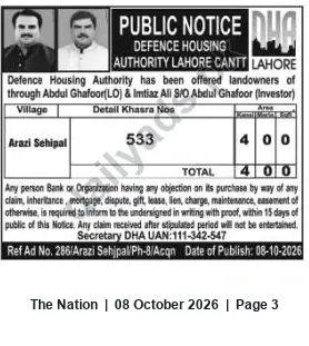 Newspaper clipping: DHA Lahore Public Notice: Acquisition of Land from Abdul Ghafoor & Imtiaz Ali — Objections Invited, The Nation, 08 Oct 2026