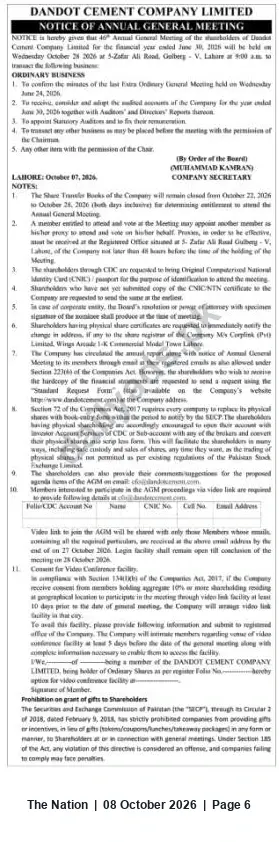 Newspaper clipping: Dandot Cement Company Limited — Notice of 46th Annual General Meeting, The Nation, 08 Oct 2026