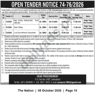 Newspaper clipping: Open Tender Notice 74-76/2026 — Procurement of Dose Calibrator, Tygon Tubing & LAN Components (Islamabad), The Nation, 08 Oct 2026