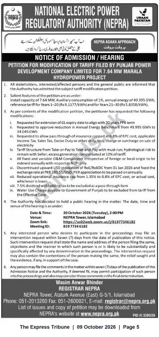 Newspaper clipping: NEPRA Public Hearing: Tariff Modification Petition by Punjab Power Development Co. for 7.64 MW Marala Hydropower, The Express Tribune, 09 Oct 2026