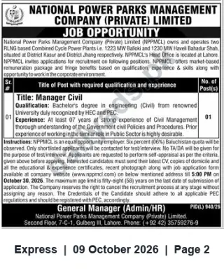 Newspaper clipping: NPPMCL Hiring: Manager Civil (1 Vacancy) — Apply by 2026-10-30, Express, 09 Oct 2026