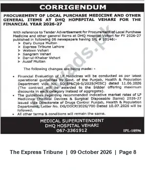 Newspaper clipping: Corrigendum: Procurement of Local Purchase Medicines & General Items — DHQ Hospital Vehari FY 2026-27, The Express Tribune, 09 Oct 2026