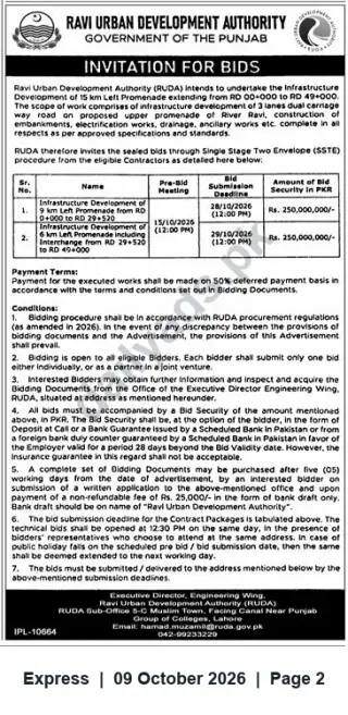 Newspaper clipping: RUDA Invitation for Bids — Infrastructure Development of Left Promenade, Lahore, Express, 09 Oct 2026