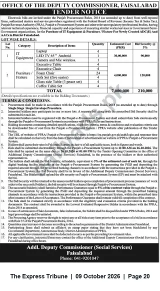 Newspaper clipping: Tender: Supply of IT Equipment and Office Furniture for Deputy Commissioner, Faisalabad, The Express Tribune, 09 Oct 2026