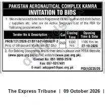 Newspaper clipping: PAC Kamra Tender: Procurement of 2 Ultrasound Machines, The Express Tribune, 09 Oct 2026