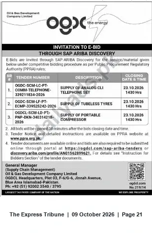 Newspaper clipping: OGDCL E-Bid: Telephone Sets, Tubeless Tyres & Portable Compressor — Closes 2026-10-23, The Express Tribune, 09 Oct 2026