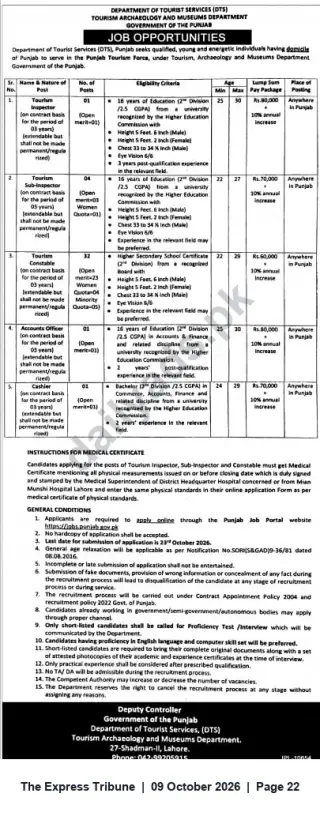 Newspaper clipping: Punjab Department of Tourist Services — Contract Vacancies: Inspectors, Sub-Inspectors, Constables, Accounts Officer, Cashier, The Express Tribune, 09 Oct 2026