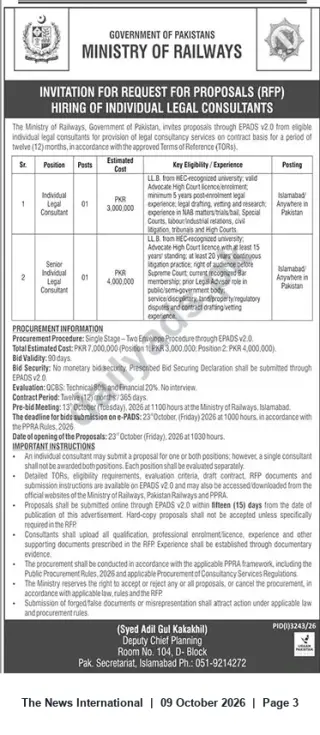 Newspaper clipping: Ministry of Railways RFP: Hiring Individual & Senior Legal Consultants (Islamabad), The News International, 09 Oct 2026