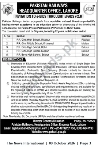 Newspaper clipping: Pakistan Railways Invites e-Bids to Outsource Five Schools (Public‑Private Partnership), The News International, 09 Oct 2026