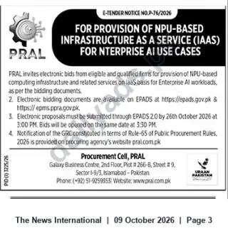 Newspaper clipping: PRAL E-Tender P-76/2026 — NPU-Based Infrastructure-as-a-Service for Enterprise AI, The News International, 09 Oct 2026