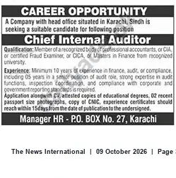 Newspaper clipping: Chief Internal Auditor — Karachi (Sindh) | Career Opportunity, The News International, 09 Oct 2026