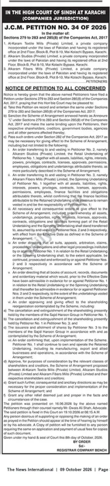 Newspaper clipping: High Court of Sindh, Karachi — J.C.M. Petition No. 34 of 2026: Scheme of Arrangement Hearing, The News International, 09 Oct 2026
