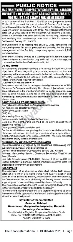 Newspaper clipping: Public Notice: Invitation for Objections and Claims — M/s Fishermen's Cooperative Society Ltd, Karachi, The News International, 09 Oct 2026