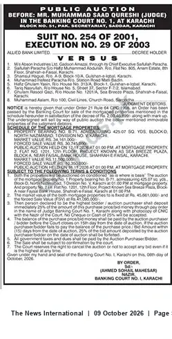 Newspaper clipping: Banking Court No.1 Karachi Public Auction — Sea Breeze Plaza Flat & North Nazimabad Plot, The News International, 09 Oct 2026