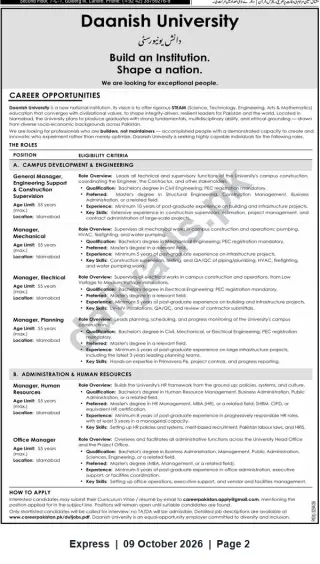 Newspaper clipping: Daanish University Career Opportunities — Managerial & Technical Positions in Islamabad, Express, 09 Oct 2026