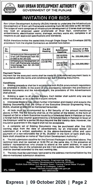 Newspaper clipping: RUDA Invitation for Bids — Infrastructure Development of Ravi Left Promenade (RD 0+000 to RD 49+000), Express, 09 Oct 2026