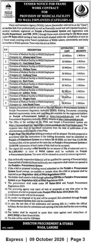 Newspaper clipping: Tender: Framework Contract for Provision of Medical Facilities to WASA Lahore Employees (Category‑A), Express, 09 Oct 2026