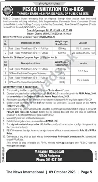 Newspaper clipping: PESCO Invitation to e‑Bids for Disposal of Waste Computer Paper (Tender Nos. 08 & 09), The News International, 09 Oct 2026