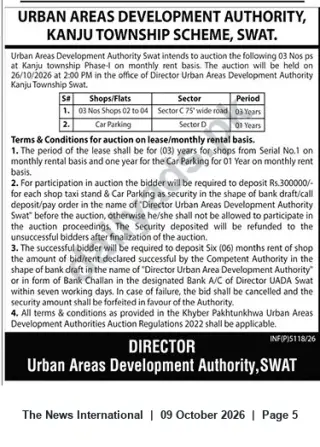 Newspaper clipping: UADA Swat Auction: Shops & Car Parking at Kanju Township — 26 Oct 2026, The News International, 09 Oct 2026
