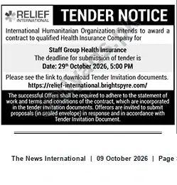Newspaper clipping: Relief International Tender — Staff Group Health Insurance (Deadline 2026-10-29), The News International, 09 Oct 2026